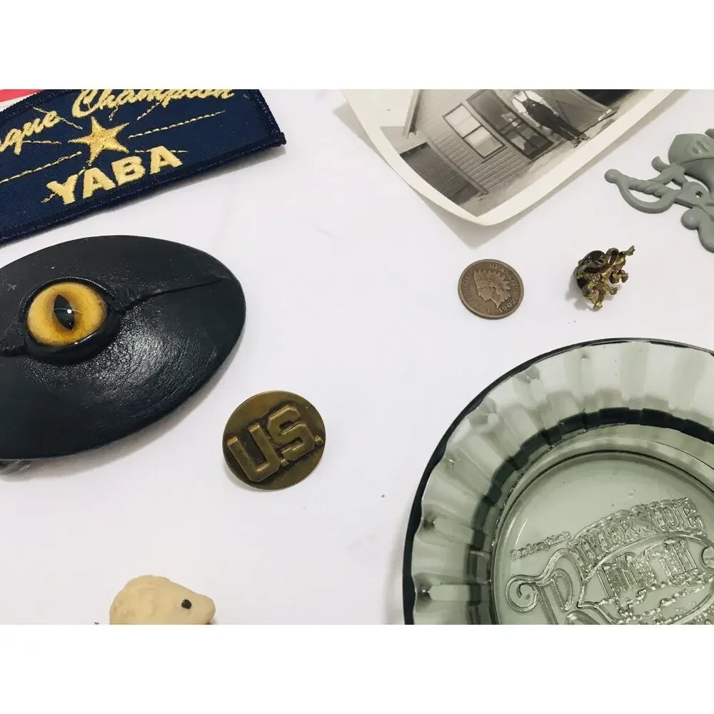 JUNK DRAWER LOT MAP OLD PHOTOS PINS PATCHES BUTTONS STAMPS SPOONS COIN CIVIL WAR